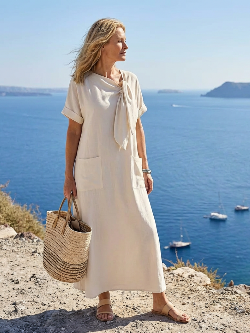 Aurora Valencia | Round Neck Short Sleeve Pocket Maxi Dress