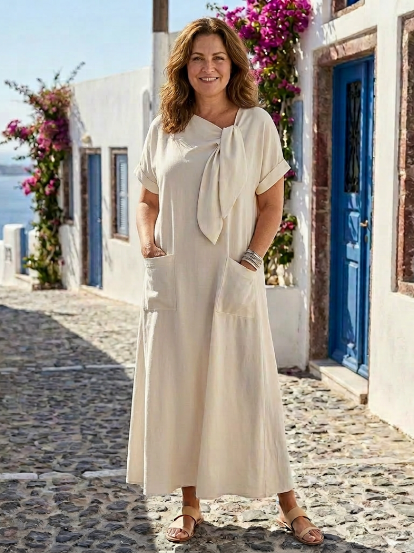Aurora Valencia | Round Neck Short Sleeve Pocket Maxi Dress