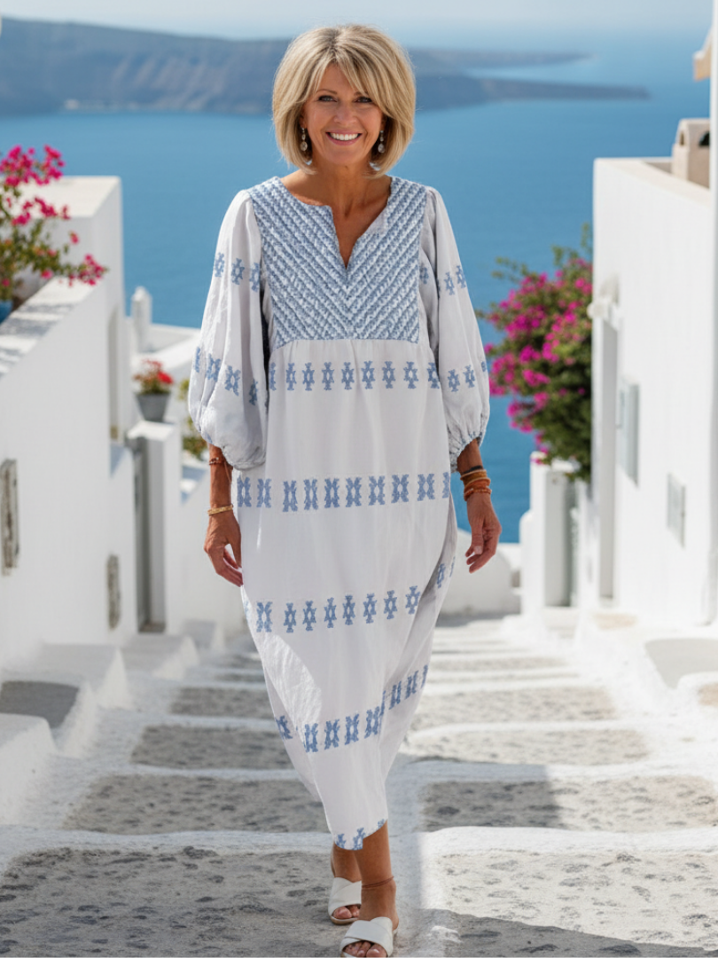 Aurora Valencia| V Neck Long Sleeve Embroidered Maxi Dress