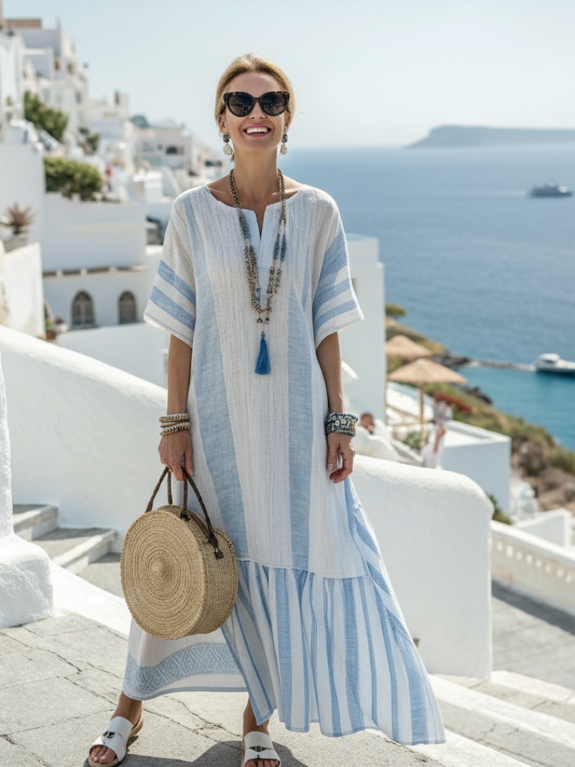 Aurora Valencia | Round Neck Short Sleeve Striped Maxi Dress
