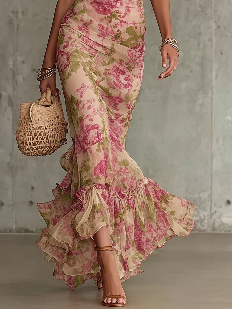 Aurora Valencia  | Vintage Rose Print Puff Sleeve Maxi Dress