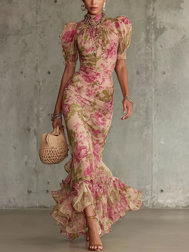 Aurora Valencia  | Vintage Rose Print Puff Sleeve Maxi Dress