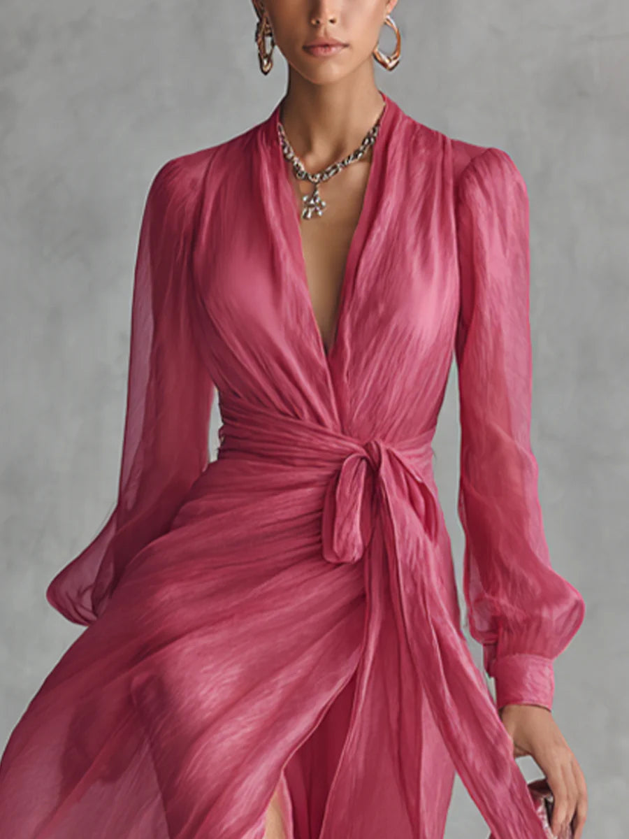 Aurora Valencia  | Elegant Chiffon V-neck Tie-waist Long Dress