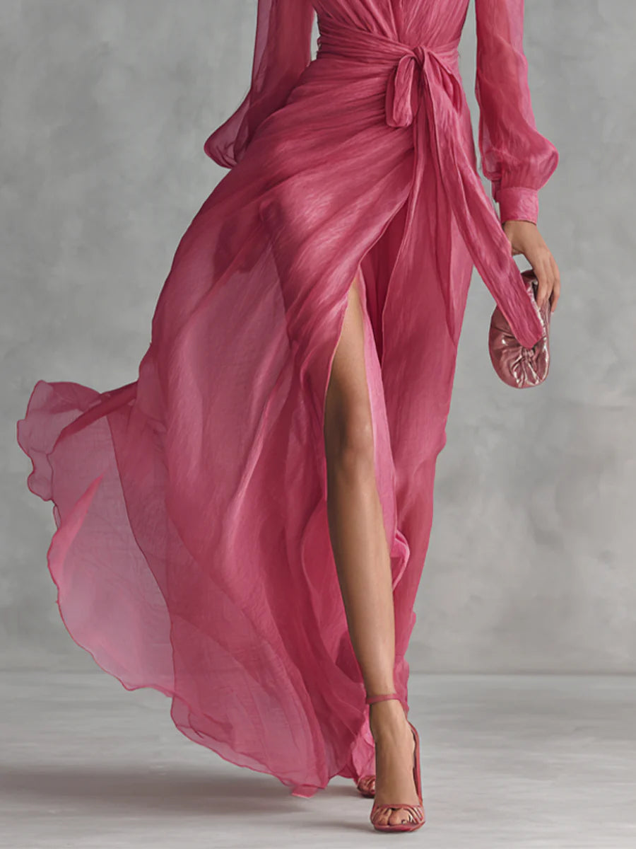 Aurora Valencia  | Elegant Chiffon V-neck Tie-waist Long Dress