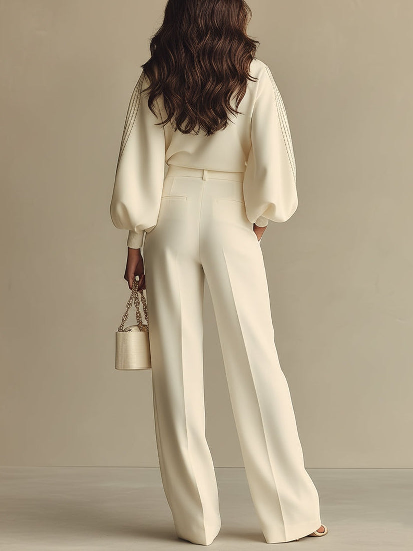 Aurora Valencia | Ivory Crew Neck Top And High-waisted Wide-leg Pants Set