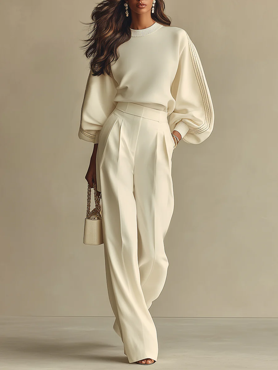 Aurora Valencia | Ivory Crew Neck Top And High-waisted Wide-leg Pants Set