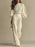Aurora Valencia | Ivory Crew Neck Top And High-waisted Wide-leg Pants Set