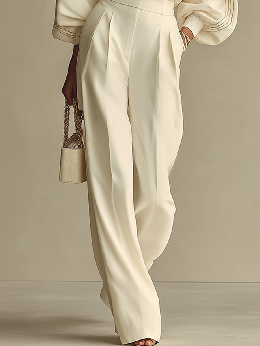 Aurora Valencia | Ivory Crew Neck Top And High-waisted Wide-leg Pants Set