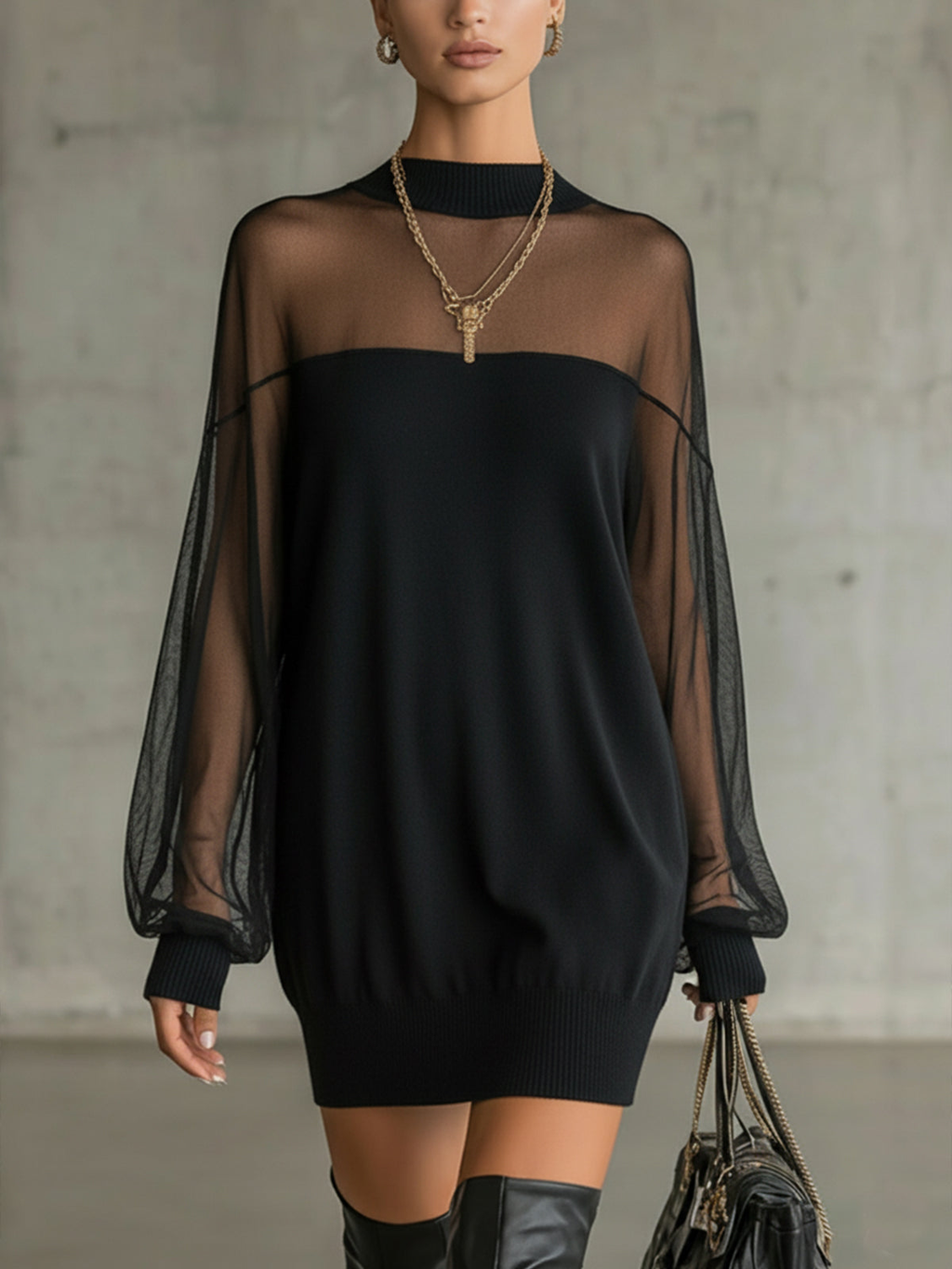 Aurora Valencia | Black Mesh Sleeve High‑Neck Midi Dress