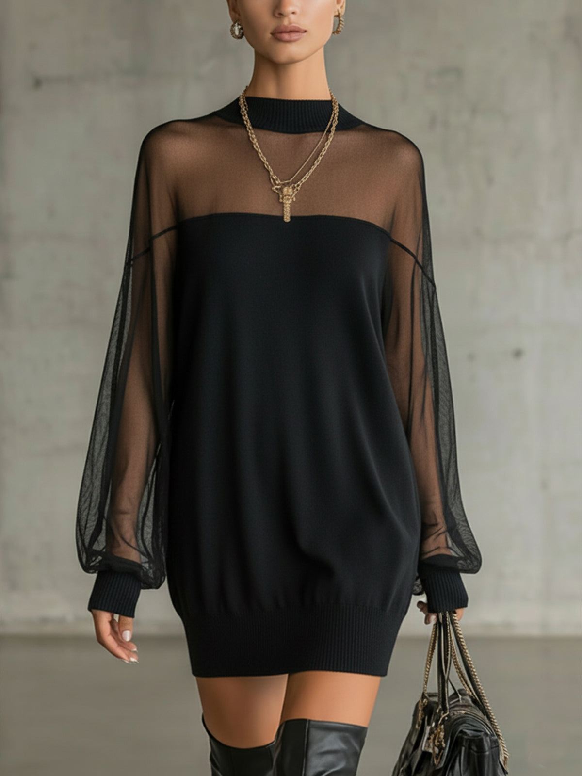 Aurora Valencia | Black Mesh Sleeve High‑Neck Midi Dress