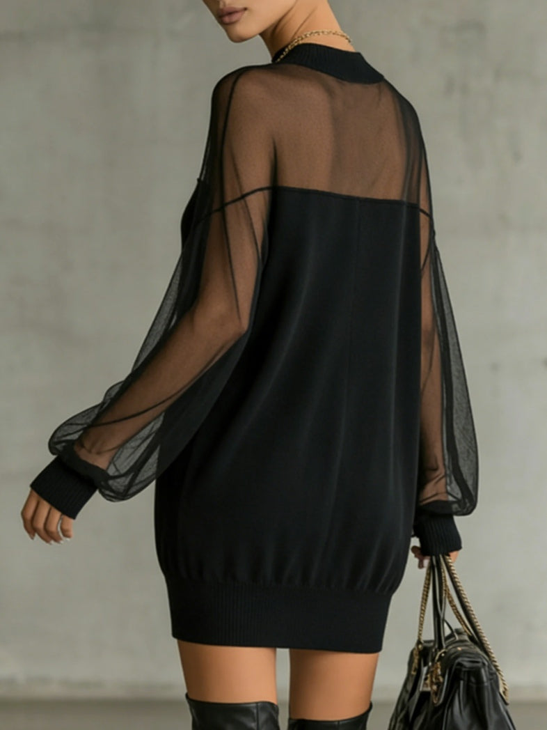Aurora Valencia | Black Mesh Sleeve High‑Neck Midi Dress