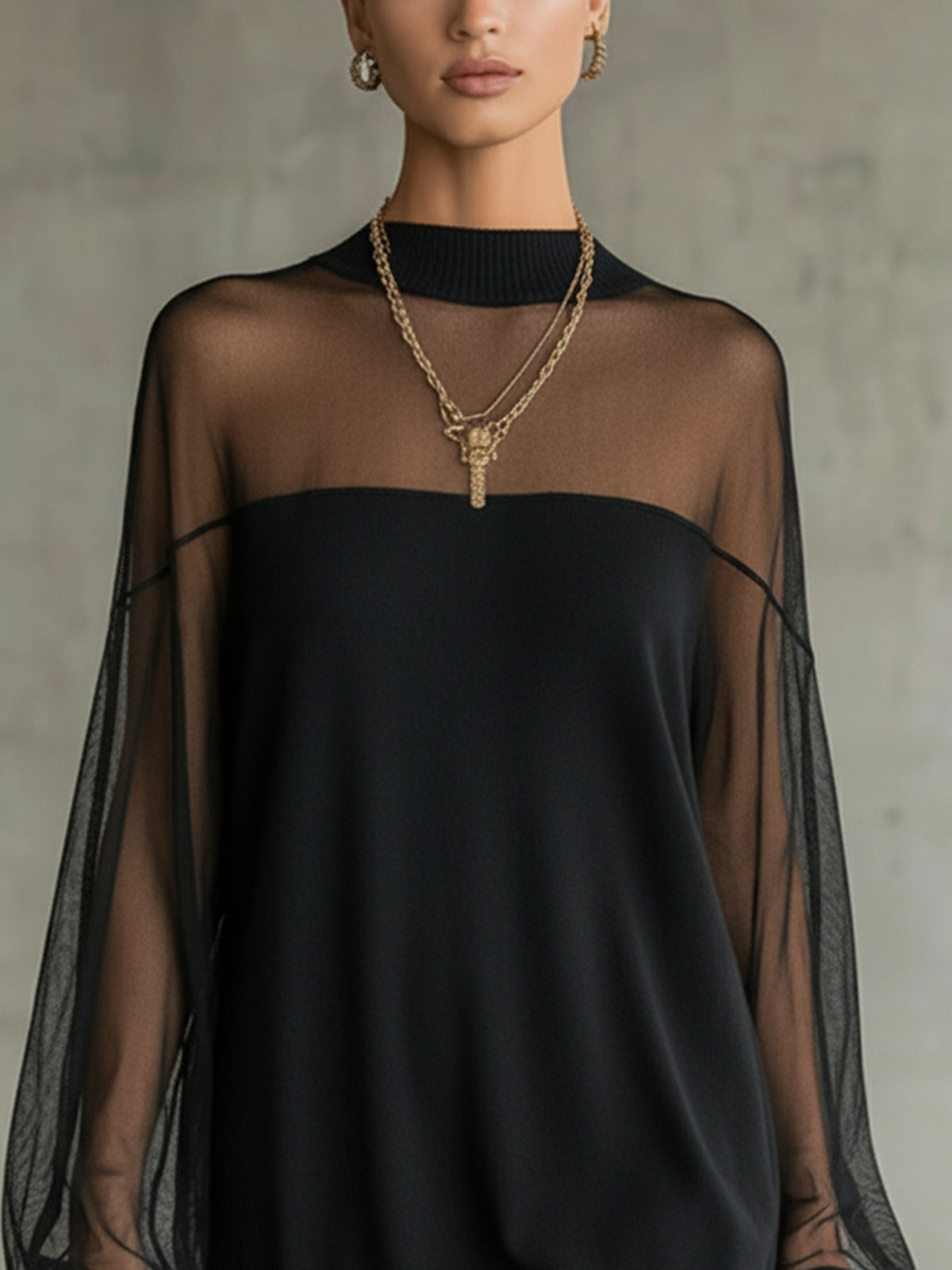 Aurora Valencia | Black Mesh Sleeve High‑Neck Midi Dress