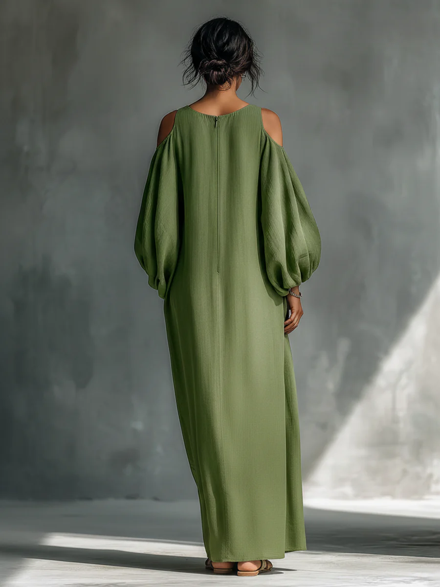 Aurora Valencia | Green Off-Shoulder Puff Sleeve Maxi Dress