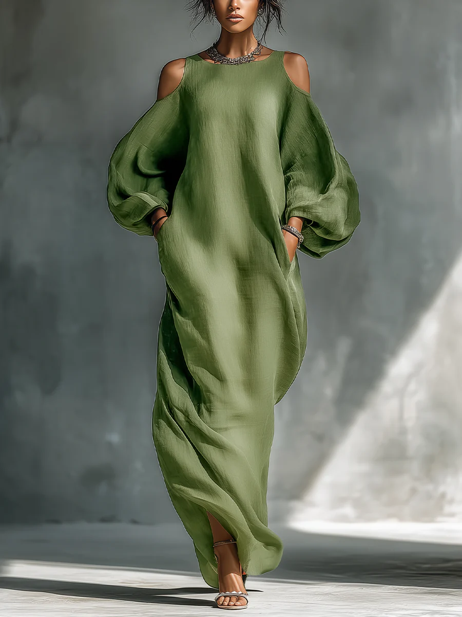 Aurora Valencia | Green Off-Shoulder Puff Sleeve Maxi Dress