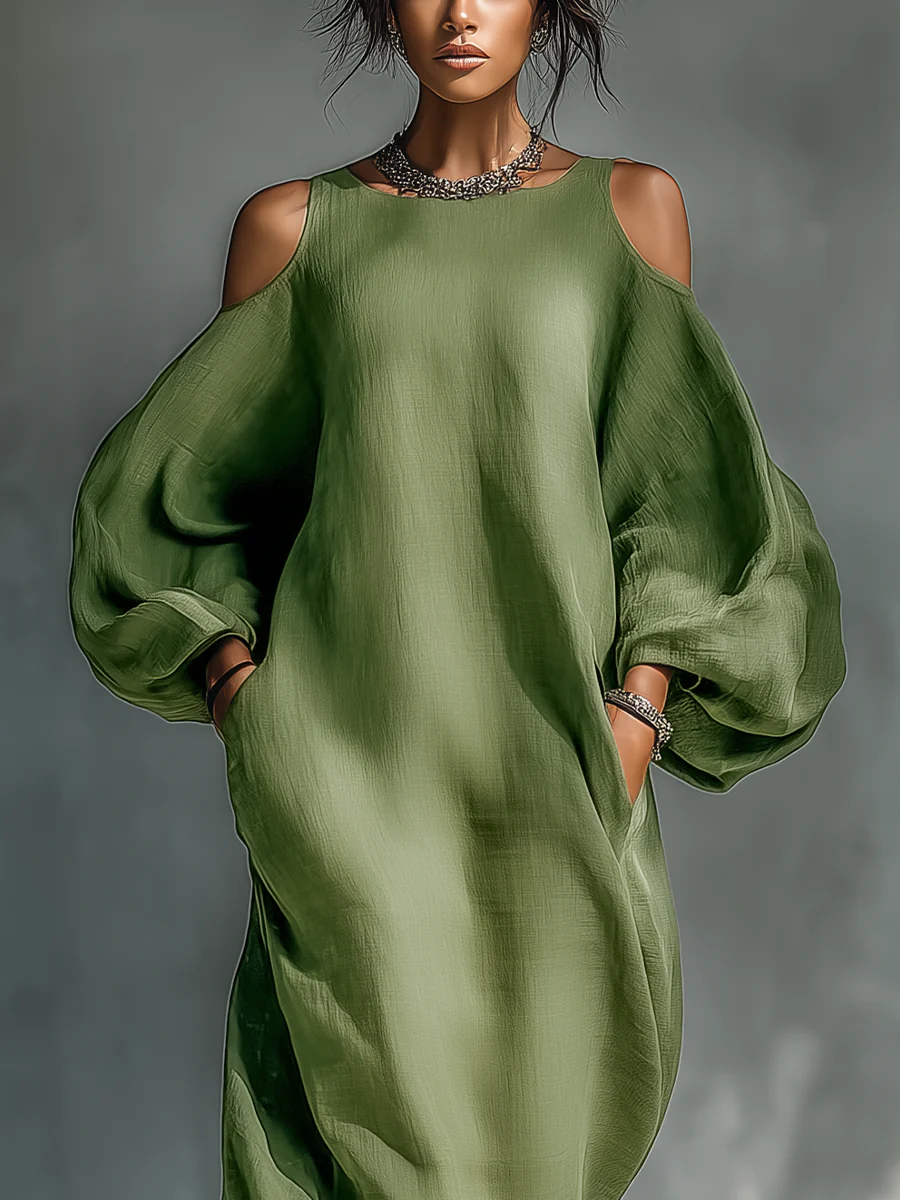 Aurora Valencia | Green Off-Shoulder Puff Sleeve Maxi Dress