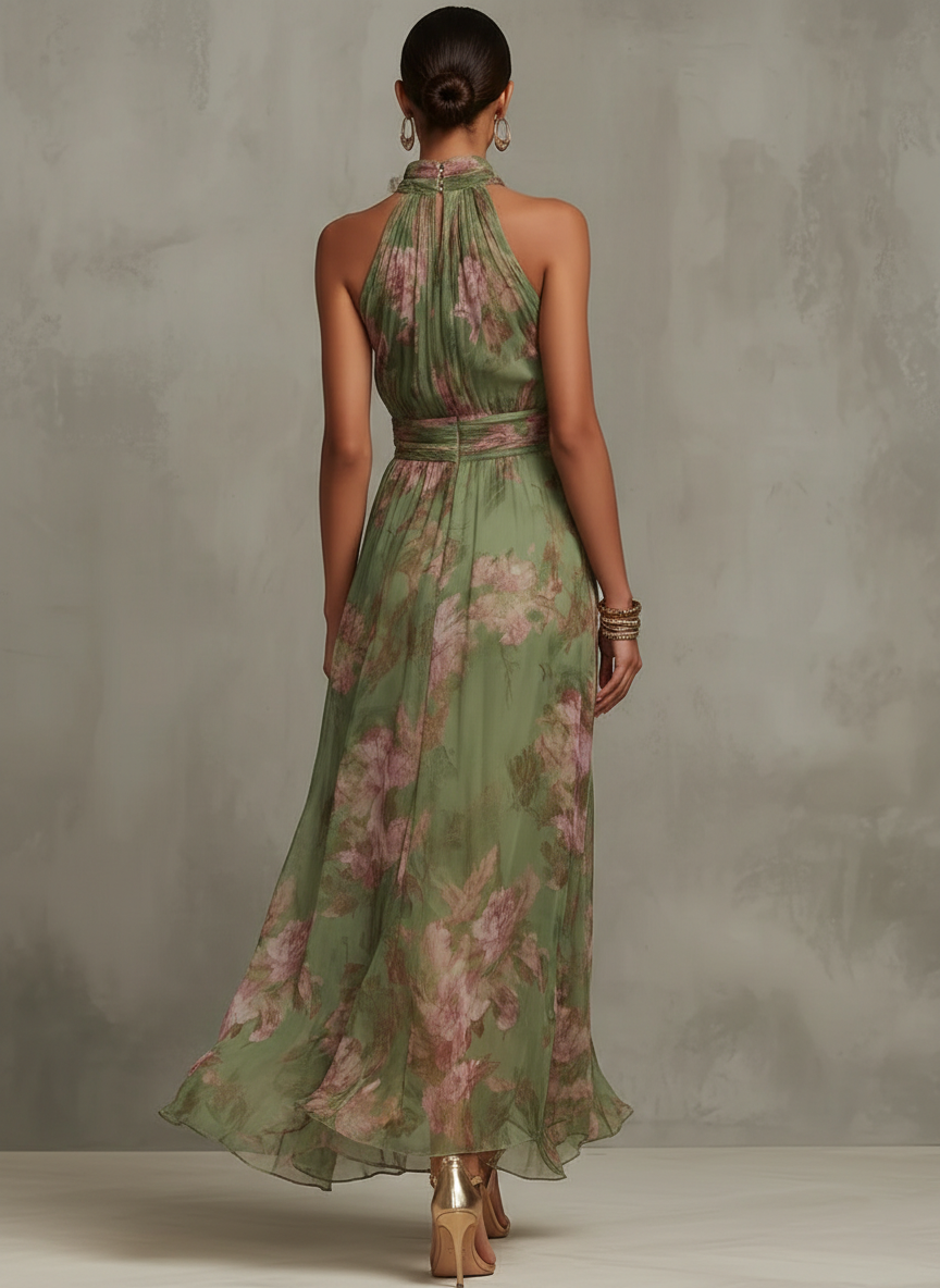 Aurora Valencia  | Green Floral Chiffon Halter Maxi Dress
