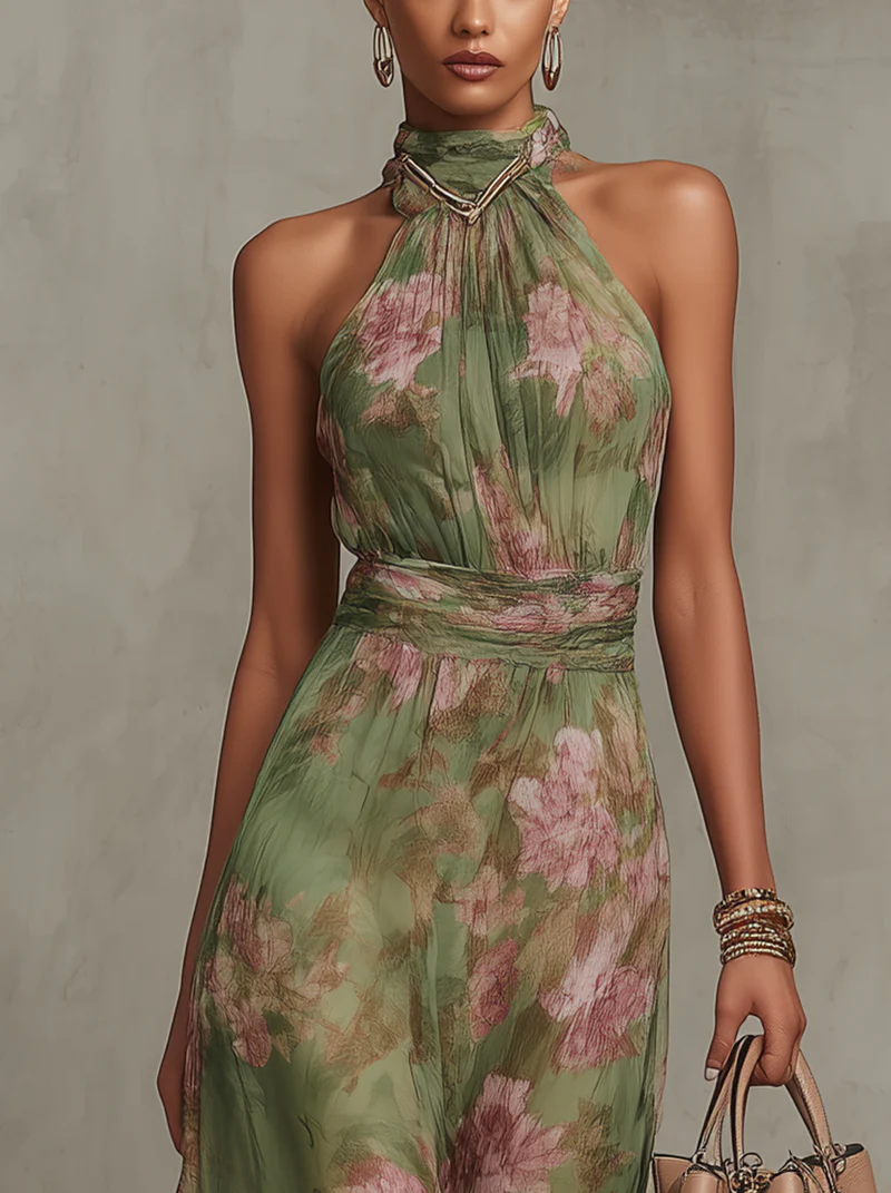 Aurora Valencia  | Green Floral Chiffon Halter Maxi Dress
