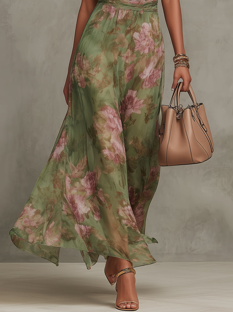 Aurora Valencia  | Green Floral Chiffon Halter Maxi Dress