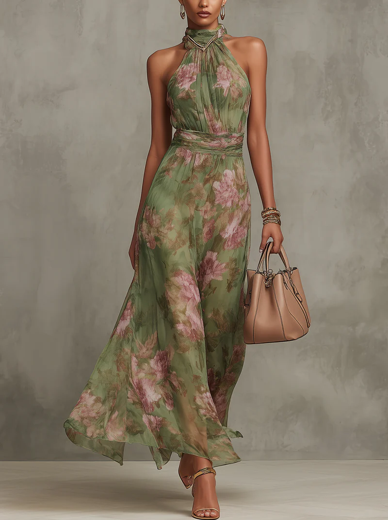 Aurora Valencia  | Green Floral Chiffon Halter Maxi Dress