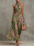 Aurora Valencia  | Green Floral Chiffon Halter Maxi Dress