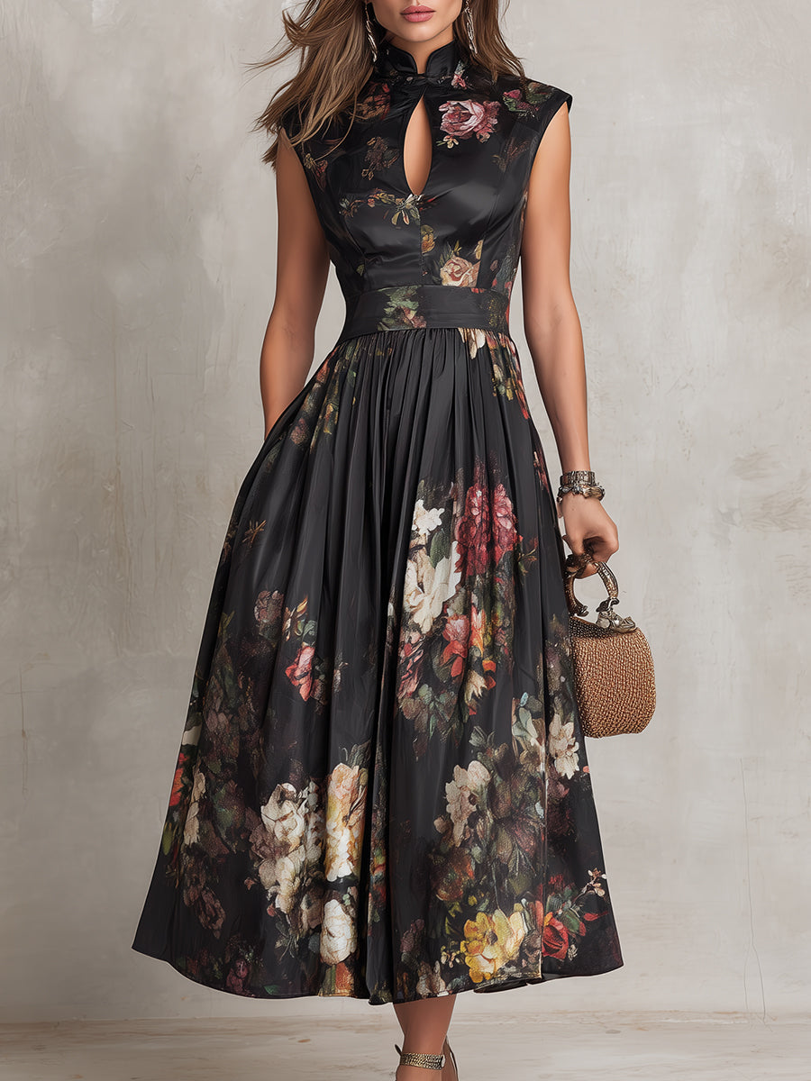 Aurora Valencia  | Black Floral Satin Pleated Midi Dress