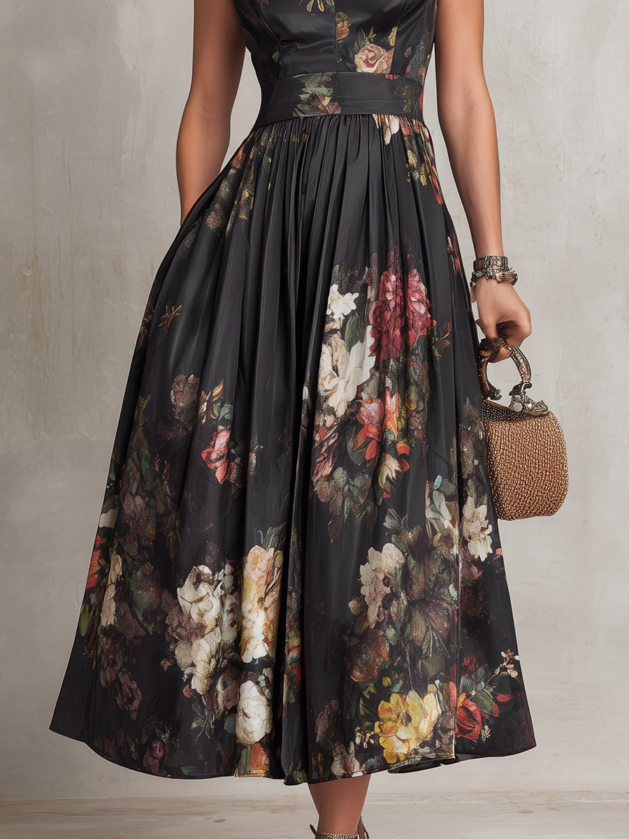 Aurora Valencia  | Black Floral Satin Pleated Midi Dress