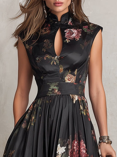Aurora Valencia  | Black Floral Satin Pleated Midi Dress