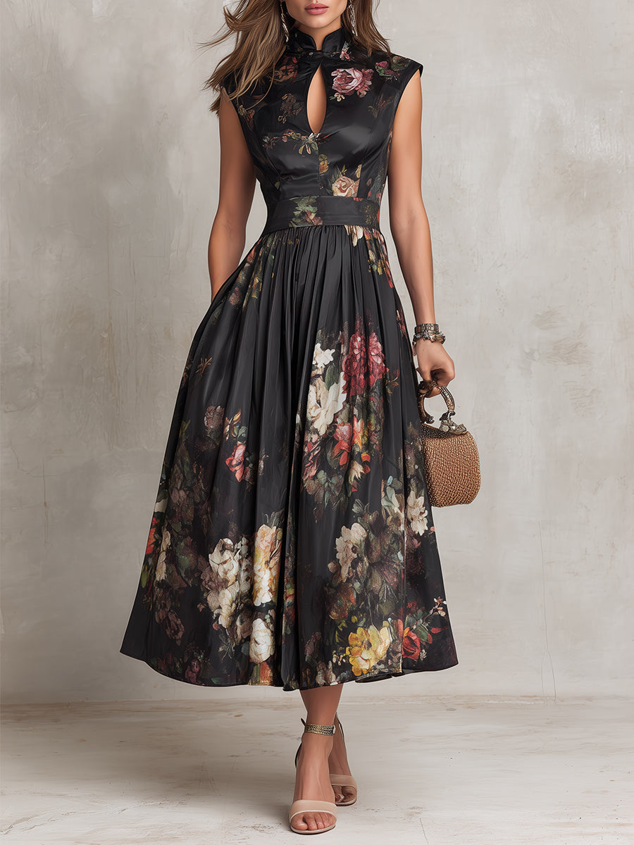 Aurora Valencia  | Black Floral Satin Pleated Midi Dress