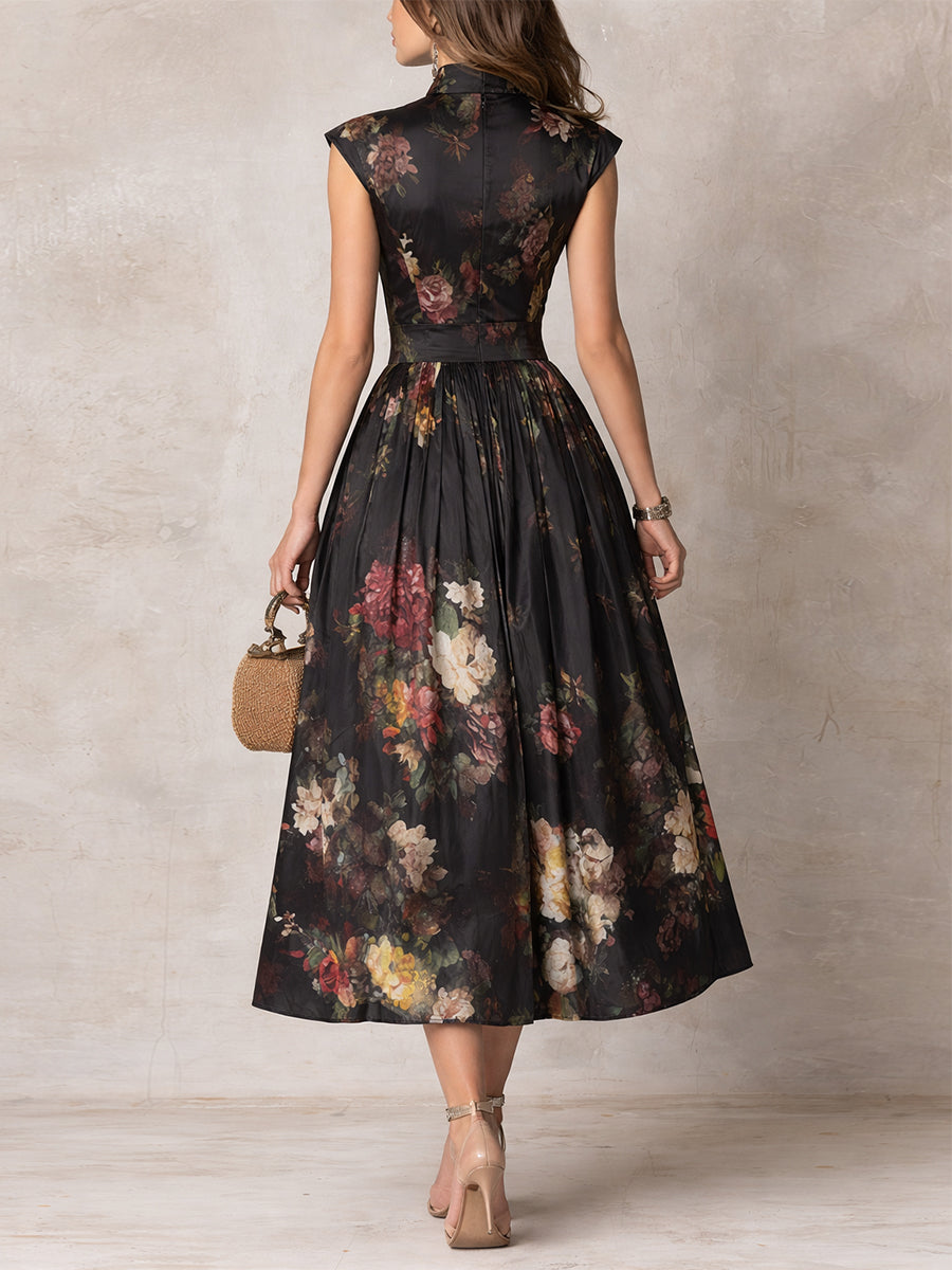 Aurora Valencia  | Black Floral Satin Pleated Midi Dress