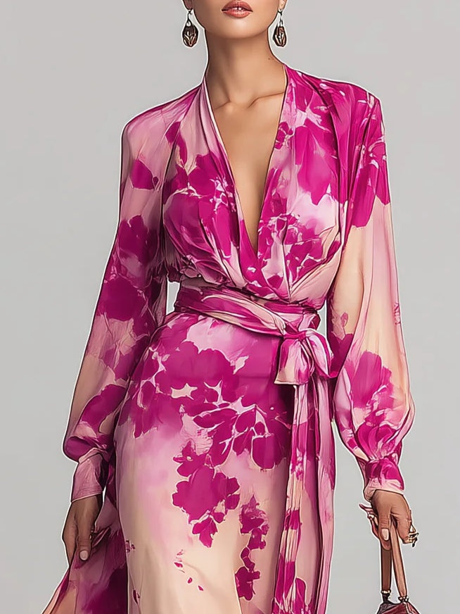 Aurora Valencia | Rose Floral V-Neck Belted Maxi Dress