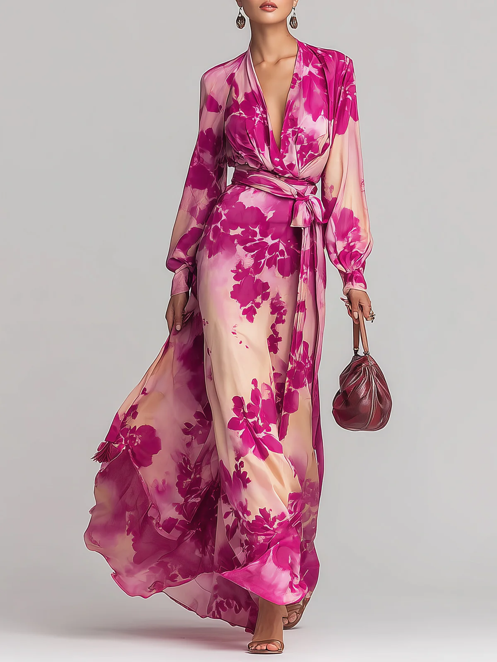 Aurora Valencia | Rose Floral V-Neck Belted Maxi Dress