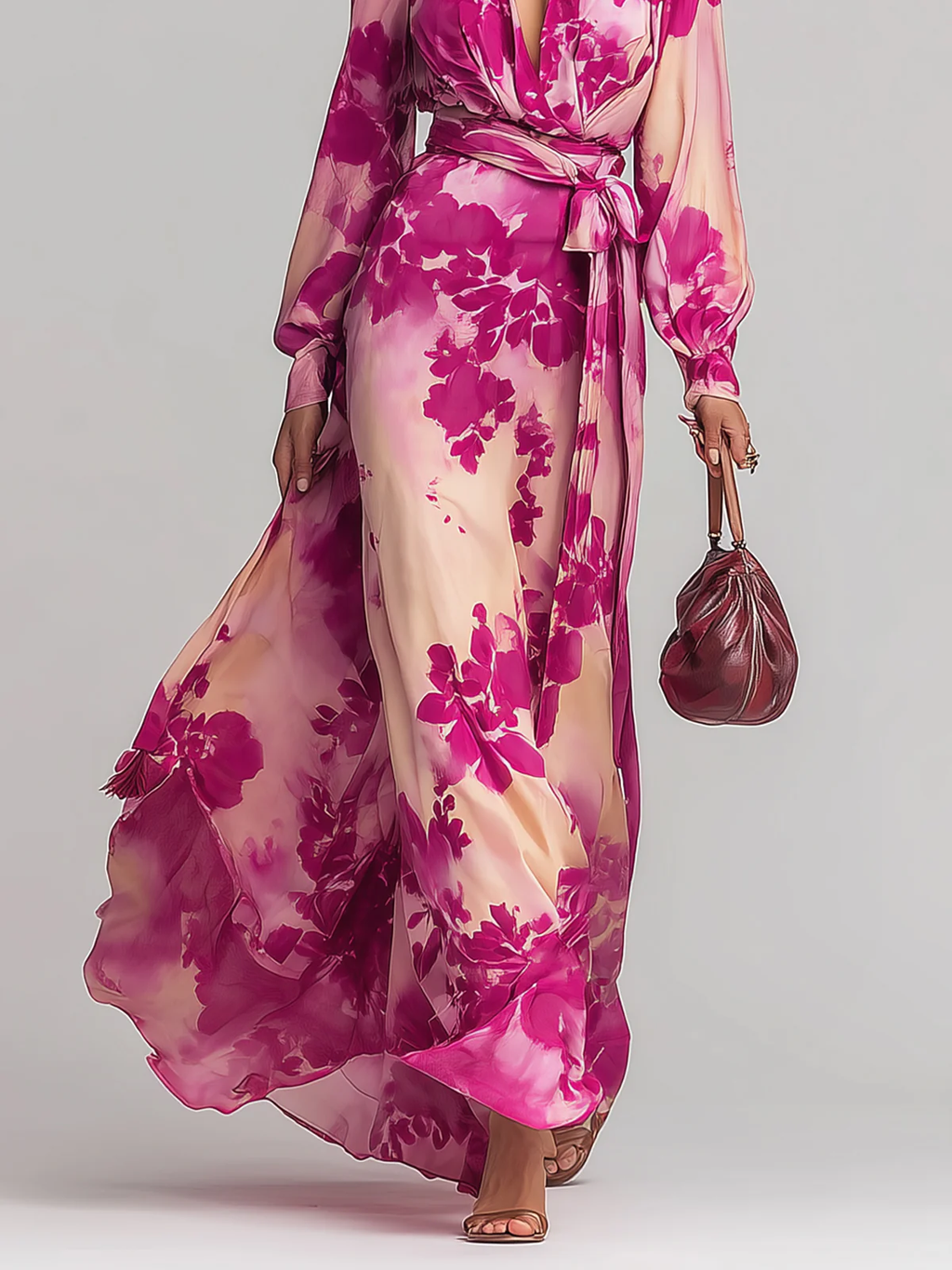 Aurora Valencia | Rose Floral V-Neck Belted Maxi Dress