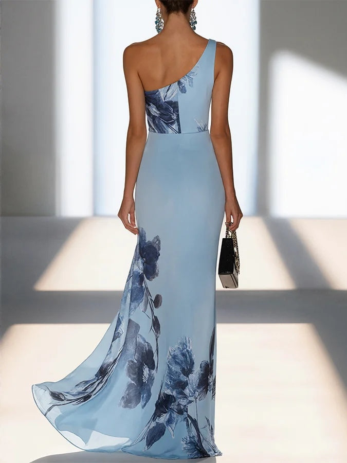 Aurora Valencia  | Satin Ink Print Off-Shoulder Maxi Dress
