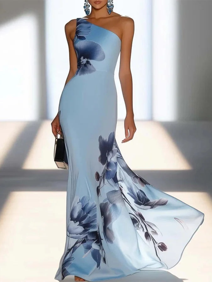 Aurora Valencia  | Satin Ink Print Off-Shoulder Maxi Dress