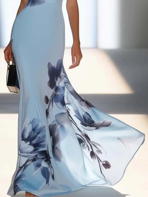 Aurora Valencia  | Satin Ink Print Off-Shoulder Maxi Dress