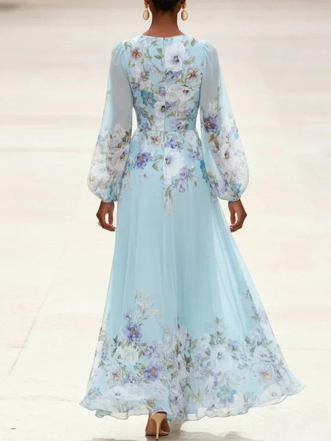 Aurora Valencia | Light Blue Floral Chiffon V-Neck Maxi Dress