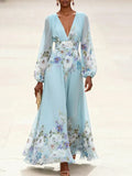 Aurora Valencia | Light Blue Floral Chiffon V-Neck Maxi Dress