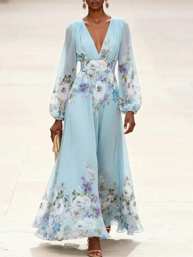 Aurora Valencia | Light Blue Floral Chiffon V-Neck Maxi Dress