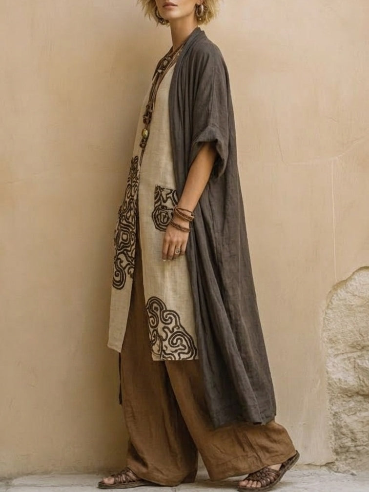 Aurora Valencia | Dark Gray & Brown Tribal Print Three-Piece Set