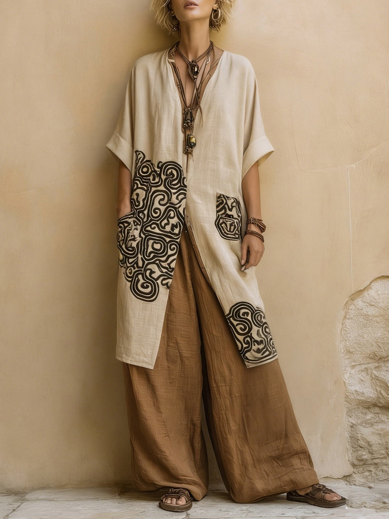 Aurora Valencia | Dark Gray & Brown Tribal Print Three-Piece Set