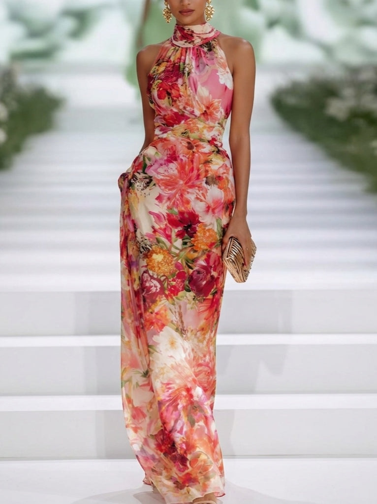 Aurora Valencia | Red Chiffon Floral Sleeveless Maxi Dress