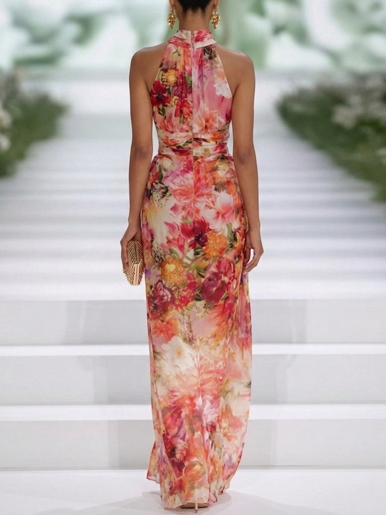 Aurora Valencia | Red Chiffon Floral Sleeveless Maxi Dress