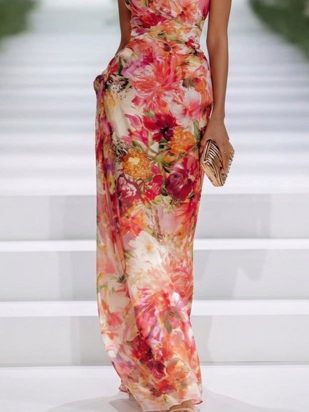 Aurora Valencia | Red Chiffon Floral Sleeveless Maxi Dress