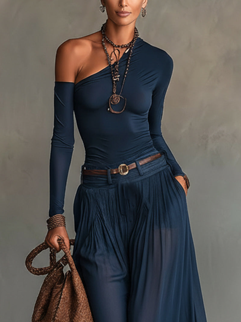 Aurora Valencia  | Navy One-shoulder Top And Skirt Two-piece Set