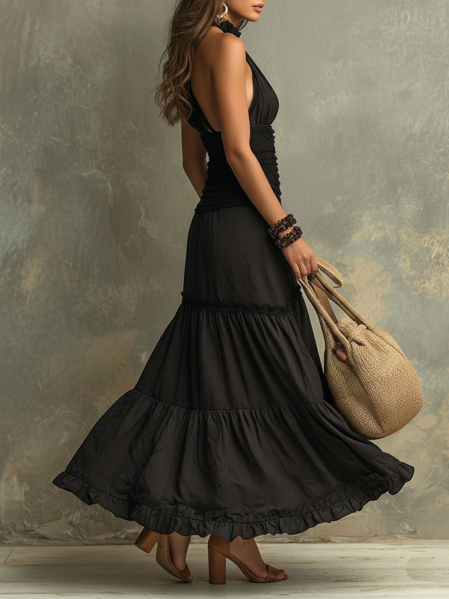 Aurora Valencia | Bohemian High-necked Ruffled Lace Maxi Dress