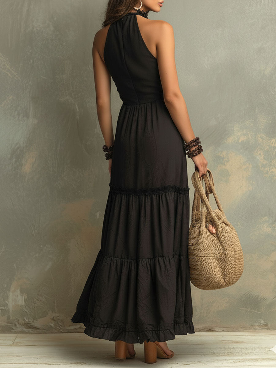 Aurora Valencia | Bohemian High-necked Ruffled Lace Maxi Dress