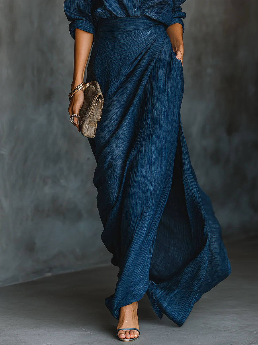 Aurora Valencia | Elegant Blue Blend Shirt Long Skirt Set