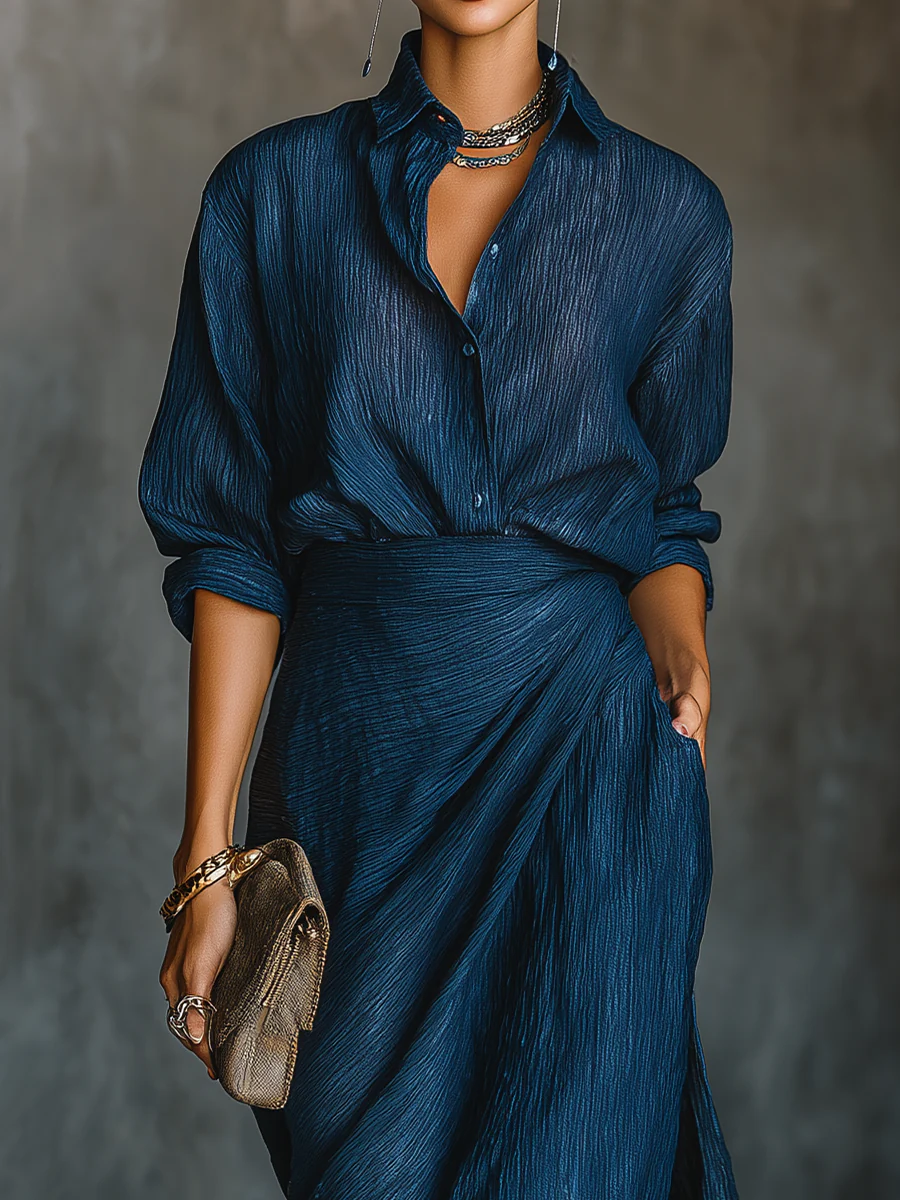 Aurora Valencia | Elegant Blue Blend Shirt Long Skirt Set