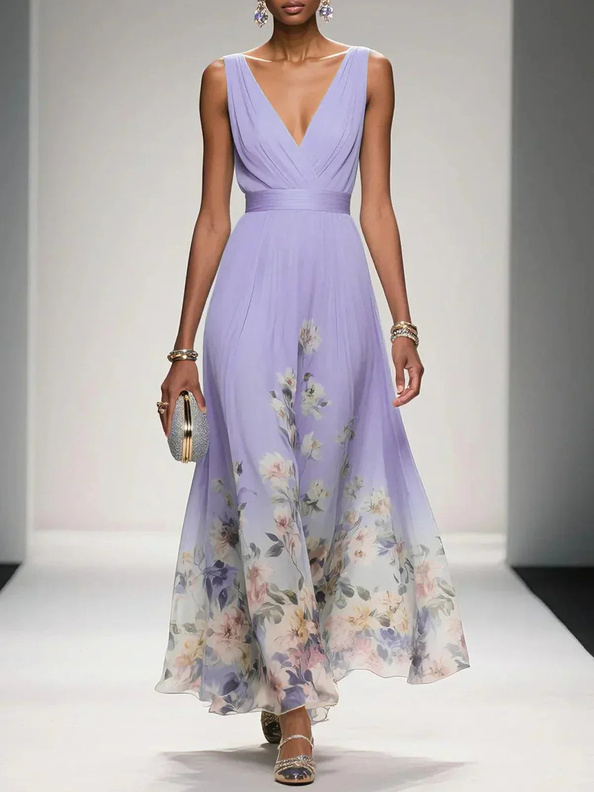 Aurora Valencia  | Light Blue Floral Chiffon V-Neck Maxi Dress