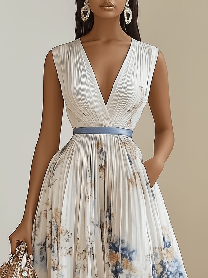 Aurora Valencia | White Floral Chiffon V-Neck Pleated Midi Dress